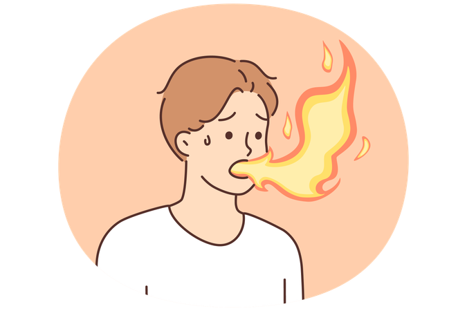 口から炎を噴き出す病人は、問題により胸焼けに苦しんでいる  イラスト