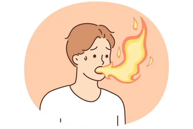 口から炎を噴き出す病人は、問題により胸焼けに苦しんでいる  イラスト