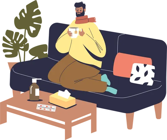 Sick man with flu at home  Illustration