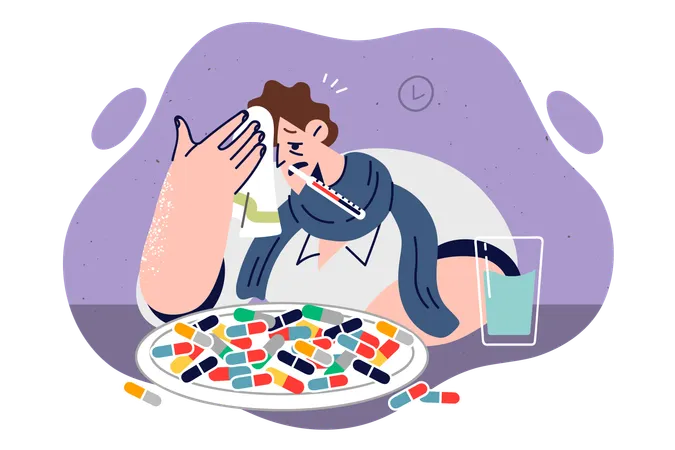 Sick Man With High Fever Drinks Lot Of Pills To Get Rid Of Flu Symptoms Sits At Table With Thermometer In Mouth Sick Guy Fell Victim To New Strain Of Pandemic Causing Fever And Chills Illustration
