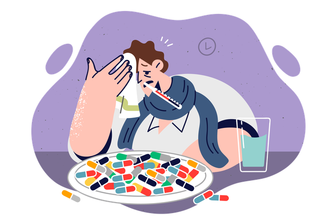 Sick man with high fever drinks lot pills  Illustration