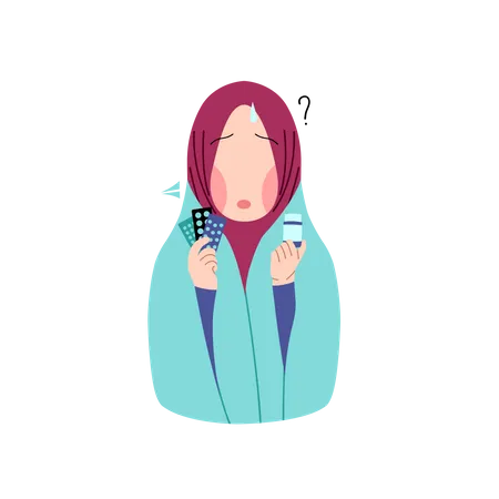 Sick muslim woman hold medicine  Illustration