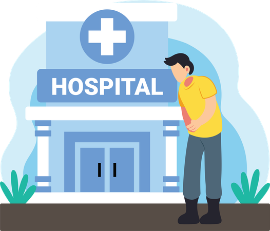 Sick patient standing in front of hospital  Illustration