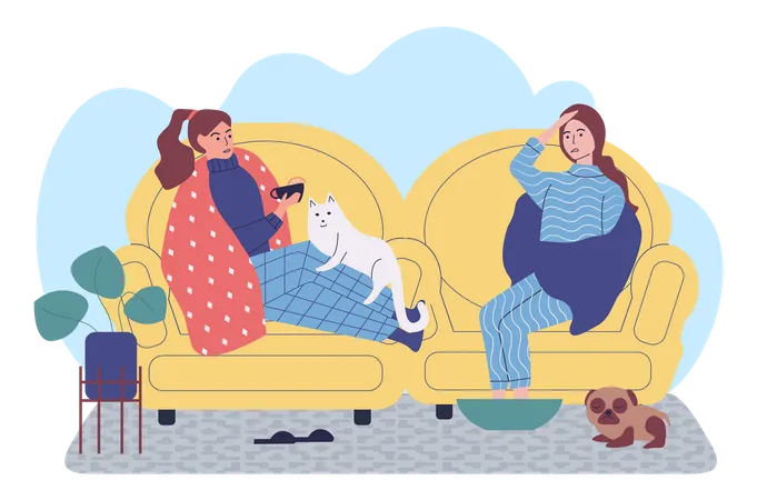 Sick Girls Take Medication On Self Isolation Friends Communicate And Spend Time Together At Home Woman Is Suffering From Headache Female Character Wrapped In Blanket Drinks Tea With Lemon Illustration