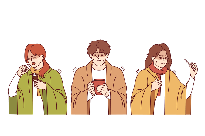 Sick people who have contracted flu stand wrapped in blanket and take temperature or drink hot tea  Illustration