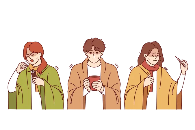 Sick people who have contracted flu stand wrapped in blanket and take temperature or drink hot tea  Illustration