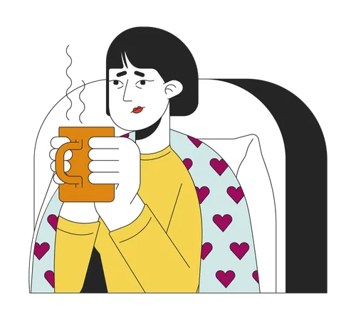 Sick Tired Asian Woman Drinking Hot Beverage 2 D Linear Cartoon Character Korean Female Holding Mug Of Warm Tea Isolated Line Vector Person White Background Relief Cold Color Flat Spot Illustration Illustration