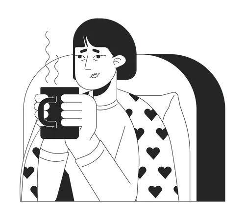Sick Tired Asian Woman Drinking Hot Beverage Black And White 2 D Line Cartoon Character Female Holding Mug Of Warm Tea Isolated Vector Outline Person Relief Cold Monochromatic Flat Spot Illustration Illustration