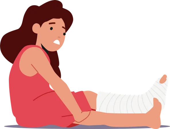 Sick Upset Girl with Broken Bandaged Leg Sit on Floor Illustration
