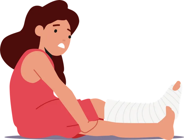 Sick Upset Girl with Broken Bandaged Leg Sit on Floor  Illustration