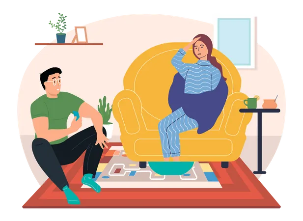 Sick Girl Take Medication On Self Isolation Female Character Wrapped In Plaid Warms Feet In Hot Water Prevention Of Spread Of Cold Man Holding Piece Of Paper In Hand And Communicates With Woman Illustration