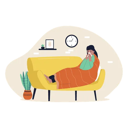 A Sick Woman At Sofa Illustration Vector Flat Illustration Illustration