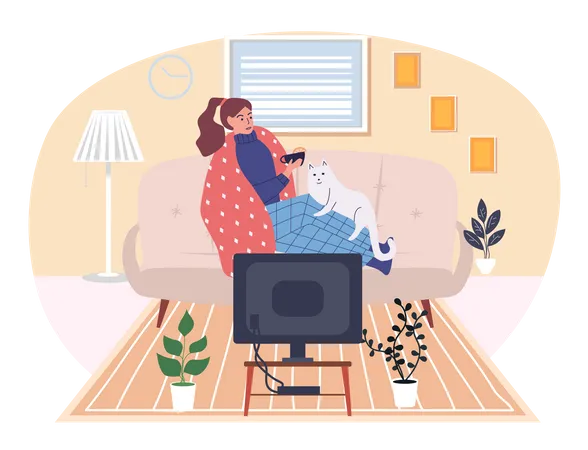 Sick Woman Drinking Tea During Quarantine Improve Human Health Concept Female Character Wrapped In Blanket Drinks Hot Coffee With Lemon Girl On Self Isolation Stroking Cat Sitting On Couch At Home Illustration