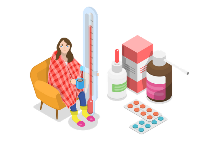 Sick woman having viral fever  Illustration