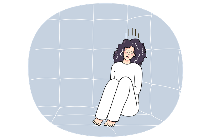 Sick woman in straitjacket sit in madhouse  Illustration