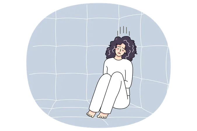 Sick woman in straitjacket sit in madhouse  Illustration