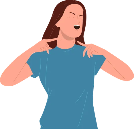 Sick woman pointing at swollen inflamed lymph nodes on neck  Illustration