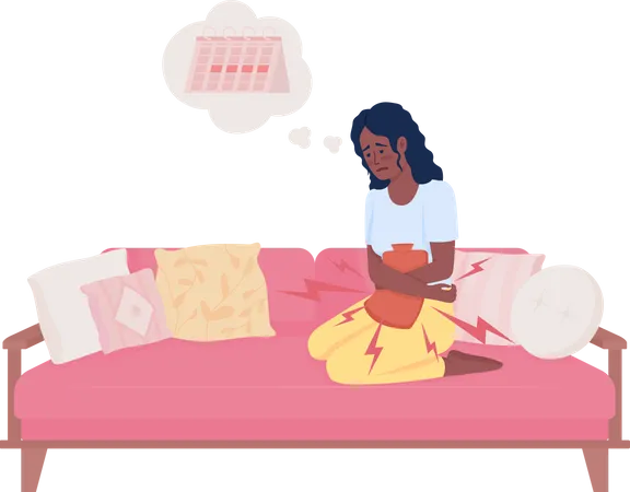 Sick woman relieving period cramps with heating pad  Illustration