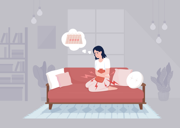 Sick woman relieving period cramps with heating pad Illustration