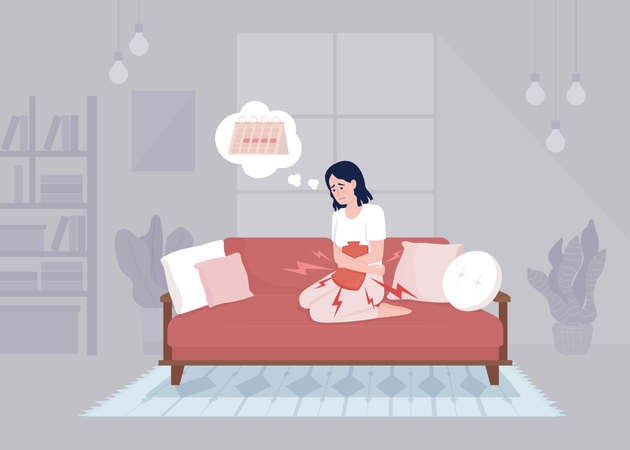 Sick woman relieving period cramps with heating pad  Illustration