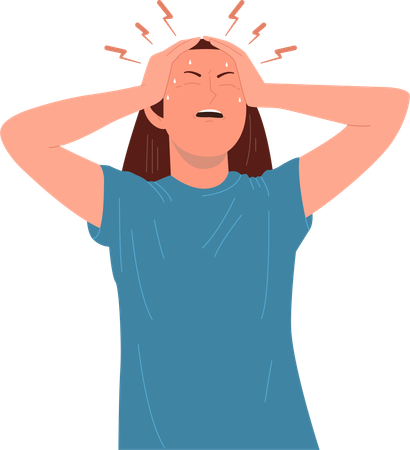 Sick woman suffering from terrible headache and excessive sweating symptom  Illustration