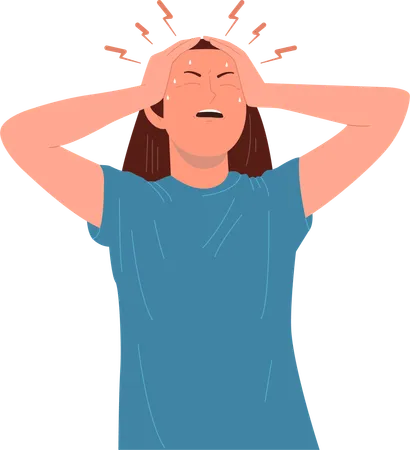 Sick woman suffering from terrible headache and excessive sweating symptom  Illustration