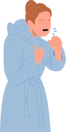 Sick woman wearing bathrobe coughing feeling unhealthy  Illustration