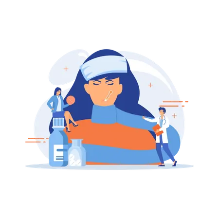 Sick woman with flu and cold symptoms and doctors  Illustration