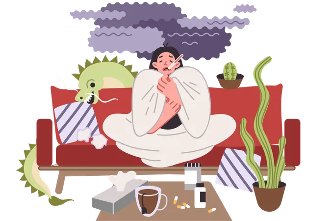 Sick woman with high fever sits on sofa wrapped in blanket, and awaits arrival of ambulance  Illustration