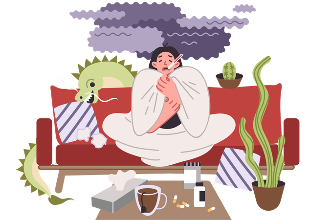 Sick woman with high fever sits on sofa wrapped in blanket, and awaits arrival of ambulance  イラスト