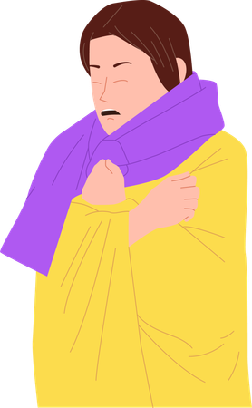 Sick woman wrapped in warm blanket trembling body from fever  Illustration