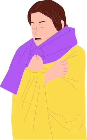 Sick woman wrapped in warm blanket trembling body from fever  Illustration