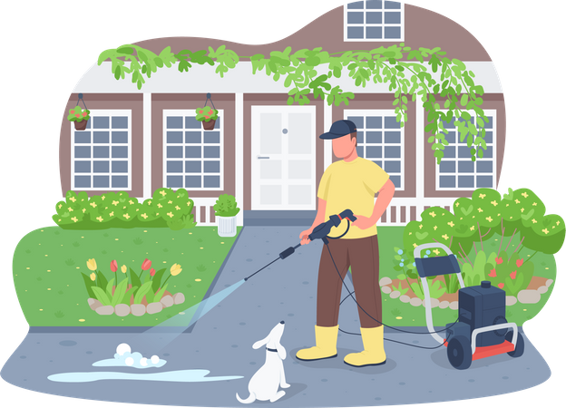 Sidewalk cleaning with power wash gun  Illustration