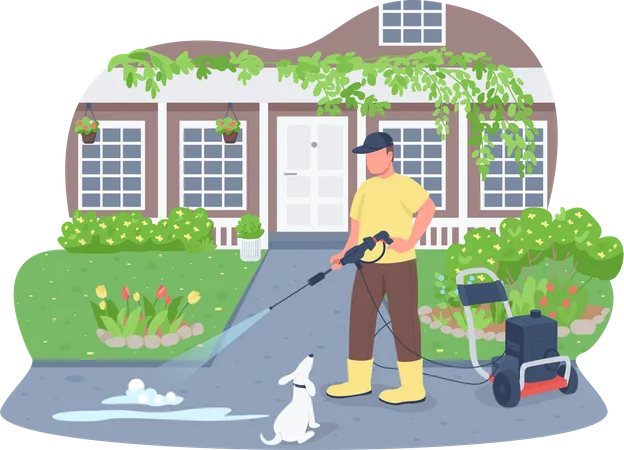 Sidewalk cleaning with power wash gun  Illustration