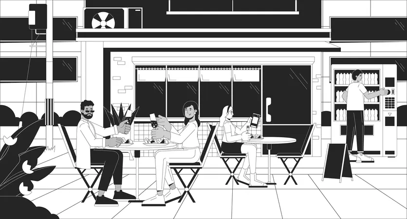 Sidewalk Restaurant At Evening Black And White Cartoon Flat Illustration Dining Couple Alone Girl Dinner 2 D Linear Background Downtown Cafe Lo Fi Vibes Monochrome Scene Vector Outline Image Illustration