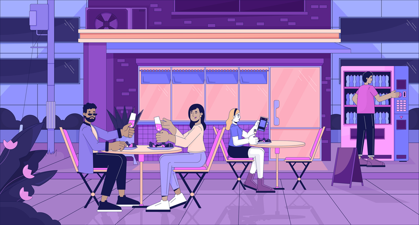 Sidewalk restaurant at evening  Illustration