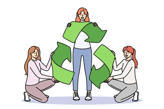 Sign of recycling in hands of women eco-activists calling take care of sustainable development  Illustration
