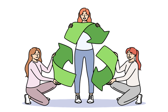 Sign of recycling in hands of women eco-activists calling take care of sustainable development  Illustration