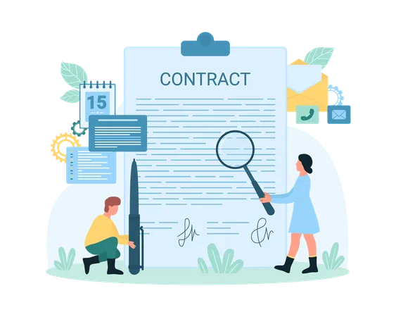 Signing Documents Notary Services Vector Illustration Cartoon Tiny People Holding Pen To Sign Contract And Magnifying Glass For Inspection Of Agreement Investigate And Analyze Text On Paper Illustration
