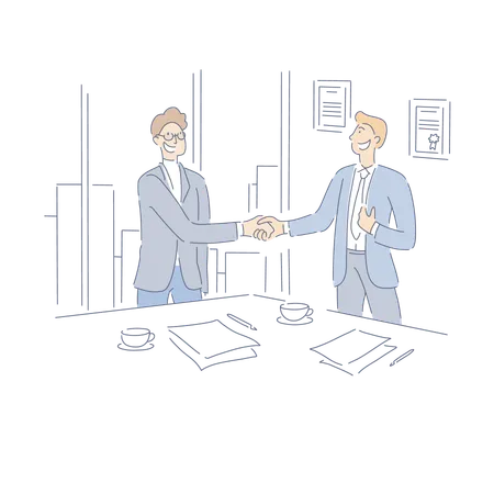 Striking Deal Interview Success Signing Employment Papers And Contract Businessmen Meeting In Office Banner Career Start Employment Recruitment Cartoon Concept Sketch Flat Vector Illustration Illustration