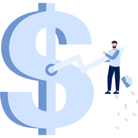 Signo de dólar y hombre de negocios con flecha hacia arriba  Ilustración