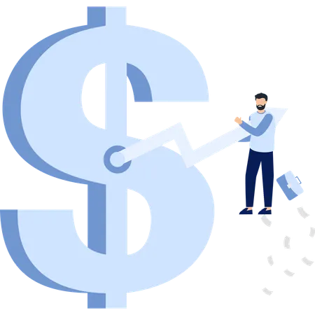 Signo de dólar y hombre de negocios con flecha hacia arriba  Ilustración