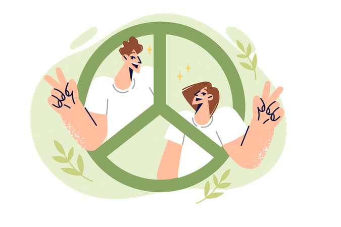 Signo de paz con un hombre y una mujer mostrando un gesto de victoria pidiendo el fin de la guerra y la amistad entre las personas  Ilustración