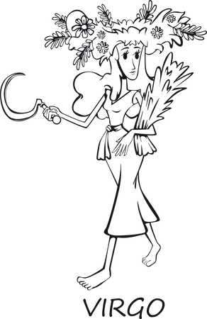 Ilustracion De Vector De Dibujos Animados De Contorno De Mujer De Signo Del Zodiaco Virgo Chica En Corona Floral Plantilla De Personajes 2 D Lista Para Usar Para Diseno Comercial De Animacion Y De Impresion Heroe Comico Aislado Ilustración