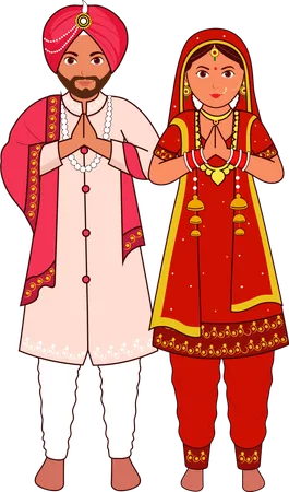 Sikh Wedding Couple Greeting Namaste Illustration