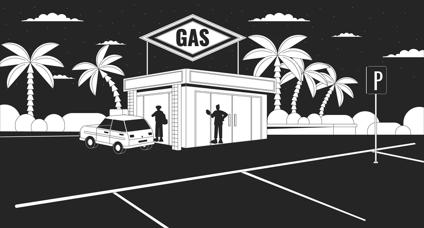 Silhouettes at gas station nighttime  イラスト