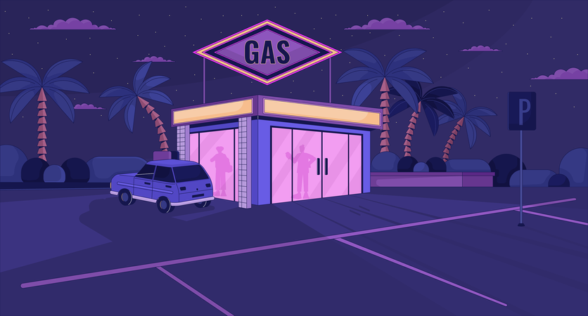 Silhuetas no posto de gasolina à noite  Ilustração