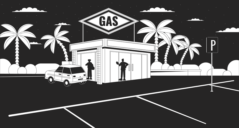 Silhuetas no posto de gasolina à noite  Ilustração