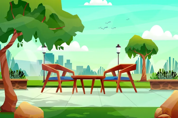 Silla y mesa de madera en el parque natural  Ilustración