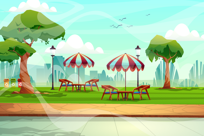 Sillas y mesa en el parque.  Ilustración
